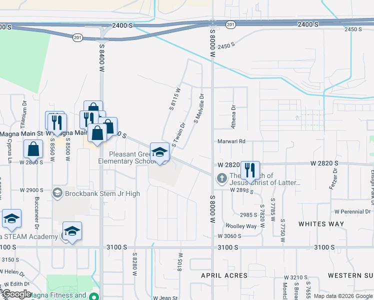 map of restaurants, bars, coffee shops, grocery stores, and more near 2687 South Melville Drive in Magna