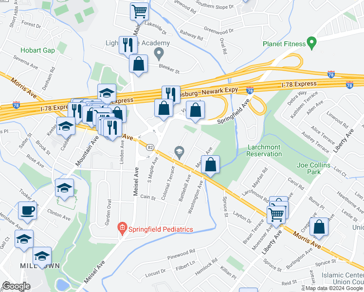 map of restaurants, bars, coffee shops, grocery stores, and more near 10 Alvin Terrace in Springfield