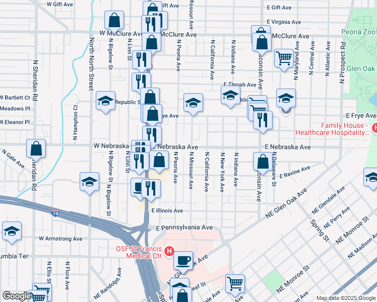 map of restaurants, bars, coffee shops, grocery stores, and more near 1835 North Missouri Avenue in Peoria