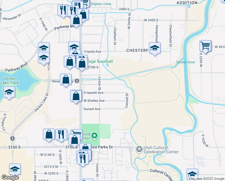 map of restaurants, bars, coffee shops, grocery stores, and more near 1494 south russett avenue in West Valley City