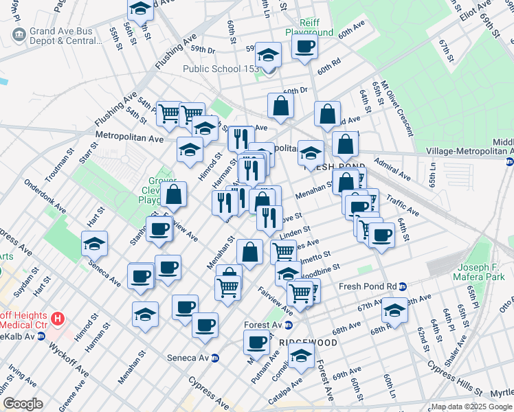 map of restaurants, bars, coffee shops, grocery stores, and more near 63-24 Forest Avenue in Queens