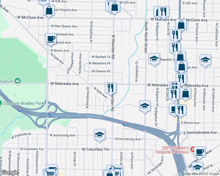 map of restaurants, bars, coffee shops, grocery stores, and more near 1821 North Sheridan Road in Peoria