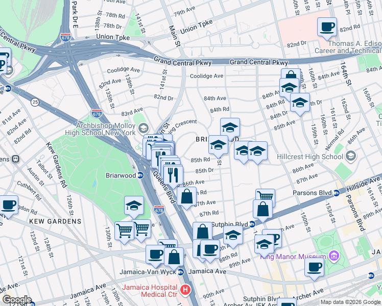 map of restaurants, bars, coffee shops, grocery stores, and more near 140-17 84th Drive in Queens