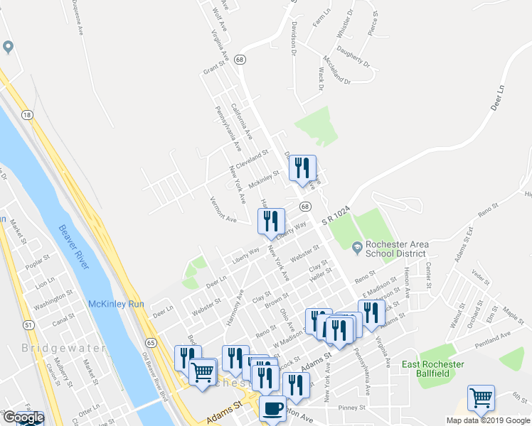 map of restaurants, bars, coffee shops, grocery stores, and more near 570 Harmony Avenue in Rochester