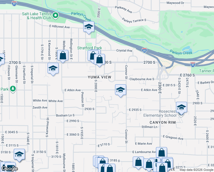 map of restaurants, bars, coffee shops, grocery stores, and more near 2782 Yuma Circle East in Salt Lake City