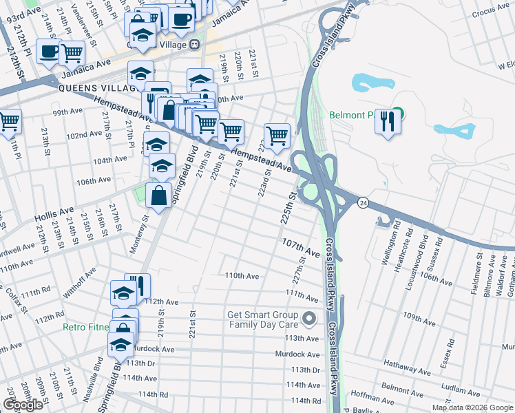 map of restaurants, bars, coffee shops, grocery stores, and more near 105-06 223rd Street in Queens