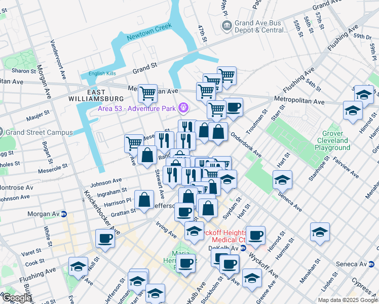map of restaurants, bars, coffee shops, grocery stores, and more near 75 Scott Avenue in Brooklyn