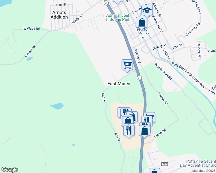 map of restaurants, bars, coffee shops, grocery stores, and more near 16 Ann Street in Pottsville