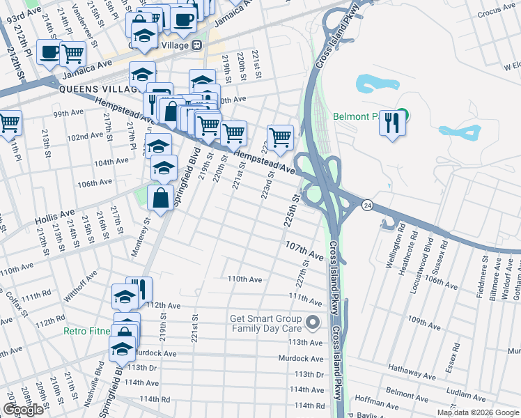 map of restaurants, bars, coffee shops, grocery stores, and more near 105-06 223rd Street in Queens