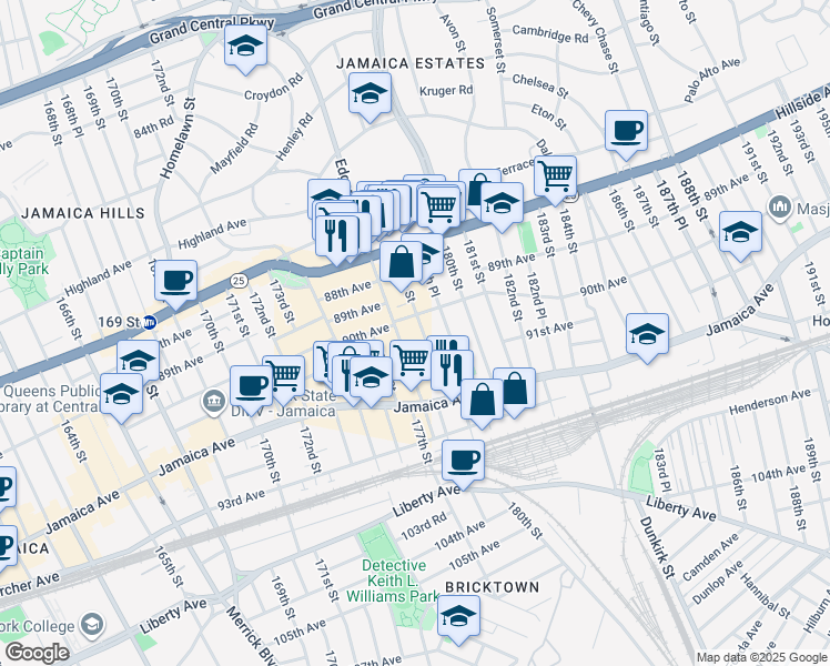 map of restaurants, bars, coffee shops, grocery stores, and more near 90-16 179th Street in Queens