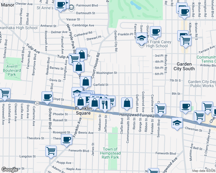map of restaurants, bars, coffee shops, grocery stores, and more near 132 Monroe Street in Franklin Square