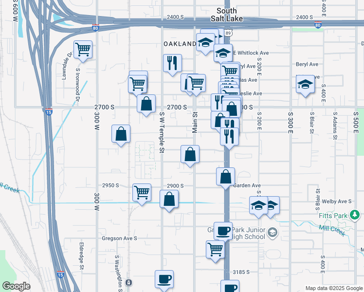 map of restaurants, bars, coffee shops, grocery stores, and more near 42 West Sunset Avenue in South Salt Lake
