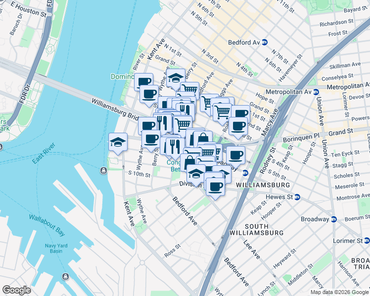 map of restaurants, bars, coffee shops, grocery stores, and more near 140 Broadway in Brooklyn