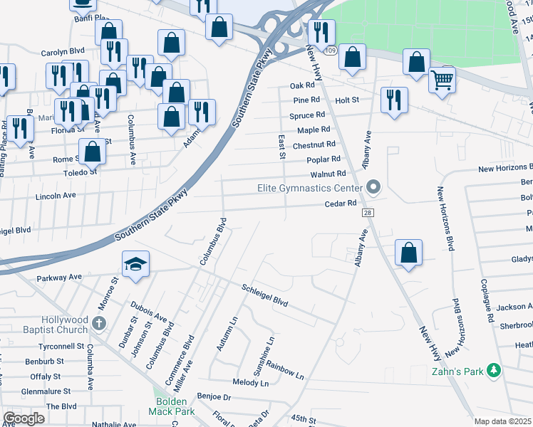 map of restaurants, bars, coffee shops, grocery stores, and more near 56 Cedar Rd in Amityville