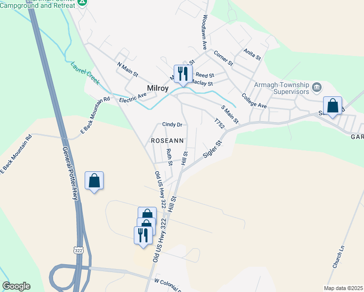 map of restaurants, bars, coffee shops, grocery stores, and more near 61 Hill Street in Milroy