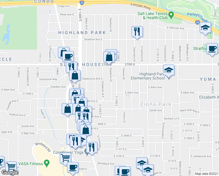 map of restaurants, bars, coffee shops, grocery stores, and more near 2812 Dearborn Street in Salt Lake City