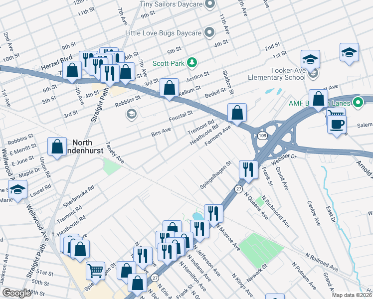 map of restaurants, bars, coffee shops, grocery stores, and more near 534 Heathcote Road in Lindenhurst