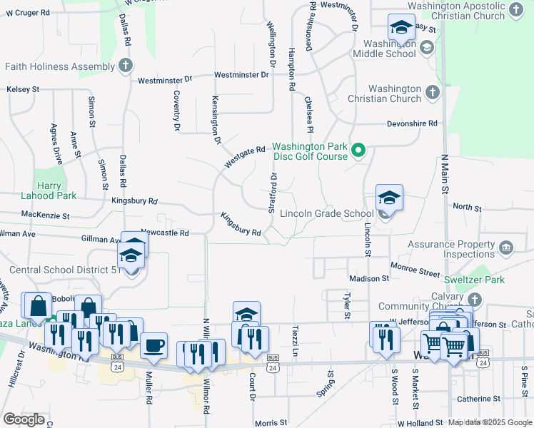 map of restaurants, bars, coffee shops, grocery stores, and more near 604 Stratford Drive in Washington