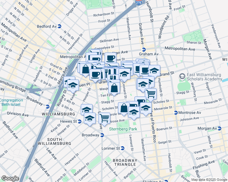map of restaurants, bars, coffee shops, grocery stores, and more near 440 Lorimer Street in Brooklyn