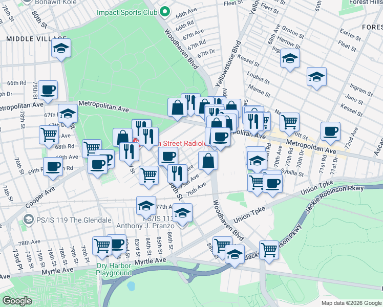 map of restaurants, bars, coffee shops, grocery stores, and more near 89-05 Rutledge Avenue in Queens