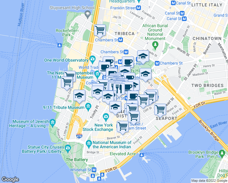 map of restaurants, bars, coffee shops, grocery stores, and more near 175 Broadway in New York