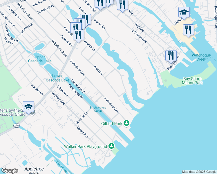 map of restaurants, bars, coffee shops, grocery stores, and more near 60 West Lane in Bay Shore