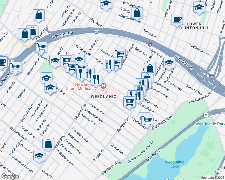 map of restaurants, bars, coffee shops, grocery stores, and more near 374 Osborne Terrace in Newark