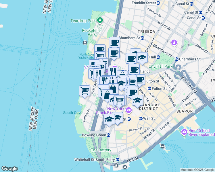 map of restaurants, bars, coffee shops, grocery stores, and more near 90 West Street in New York