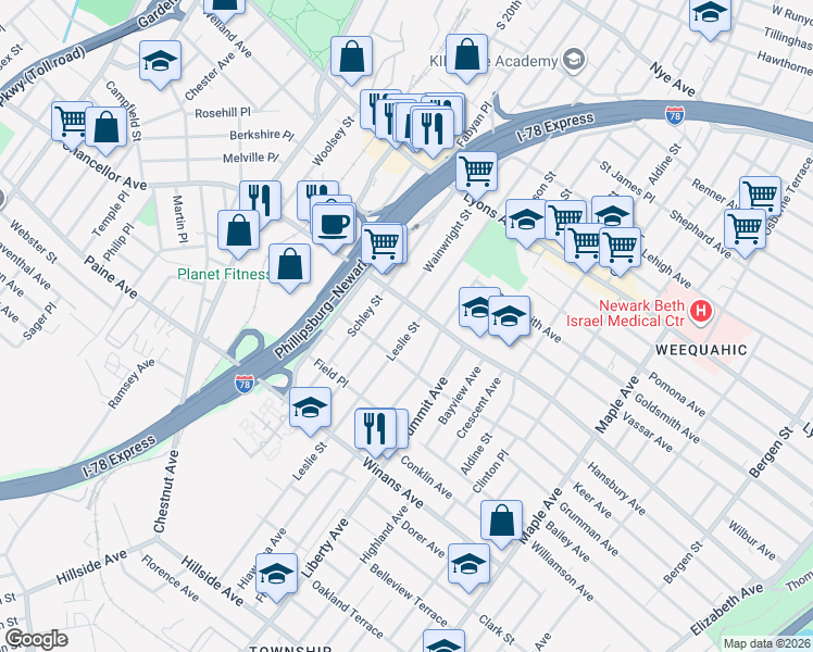 map of restaurants, bars, coffee shops, grocery stores, and more near 324 Wainwright Street in Newark
