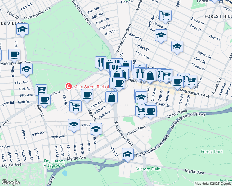 map of restaurants, bars, coffee shops, grocery stores, and more near 7325 Woodhaven Boulevard in Queens