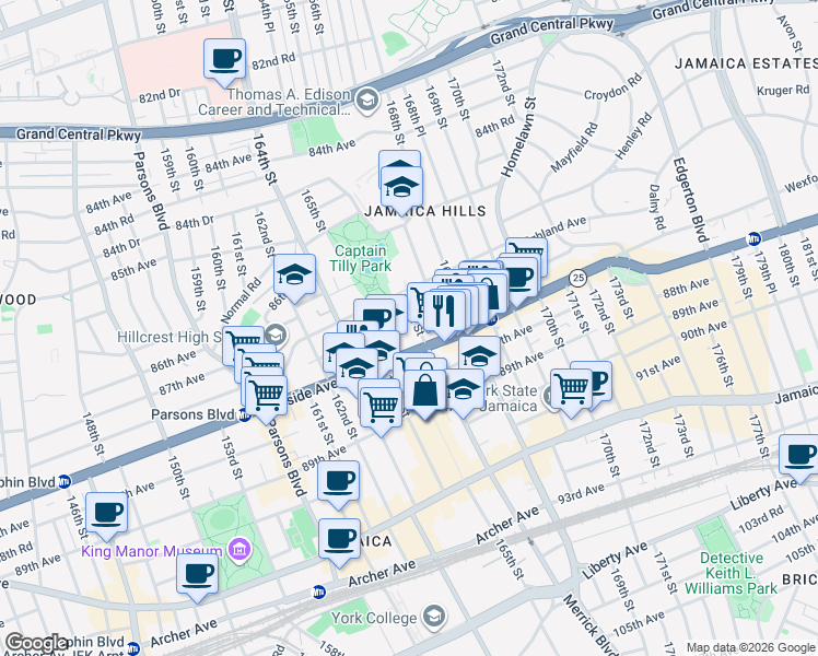 map of restaurants, bars, coffee shops, grocery stores, and more near 87-38 166th Street in Queens