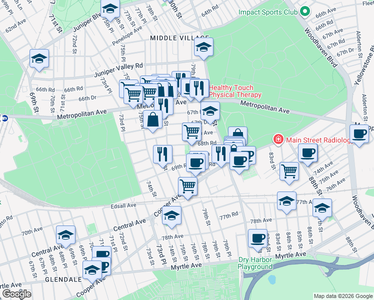 map of restaurants, bars, coffee shops, grocery stores, and more near 78-38 68th Road in Queens