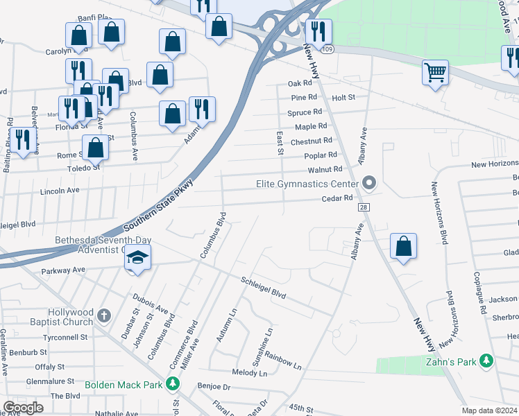 map of restaurants, bars, coffee shops, grocery stores, and more near 60 Cedar Road in Amityville