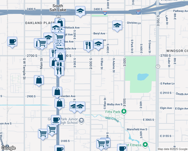 map of restaurants, bars, coffee shops, grocery stores, and more near 324 Sunset Avenue South in South Salt Lake