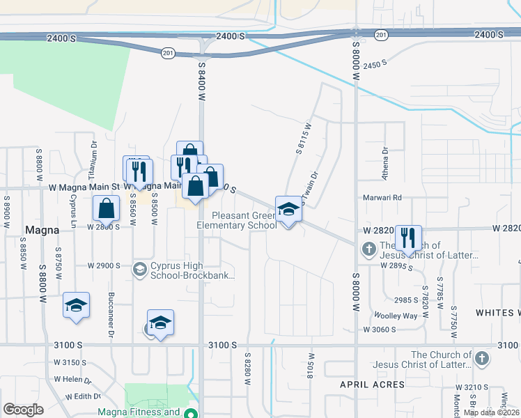 map of restaurants, bars, coffee shops, grocery stores, and more near 8241 2700 south in Magna