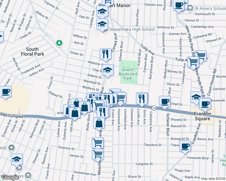 map of restaurants, bars, coffee shops, grocery stores, and more near 13 Melrose Street in Elmont