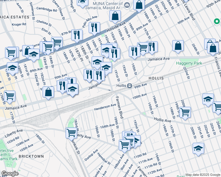 map of restaurants, bars, coffee shops, grocery stores, and more near 190-08 Woodhull Avenue in Queens