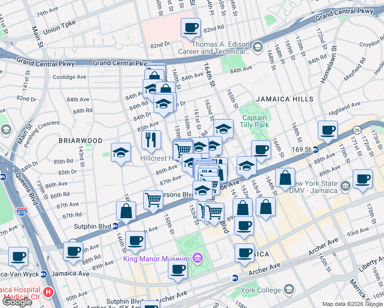 map of restaurants, bars, coffee shops, grocery stores, and more near 159-21 Normal Road in Queens