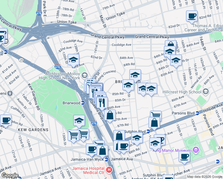 map of restaurants, bars, coffee shops, grocery stores, and more near 140-17 84th Drive in Queens