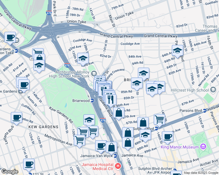map of restaurants, bars, coffee shops, grocery stores, and more near 139-06 Pershing Crescent in Queens