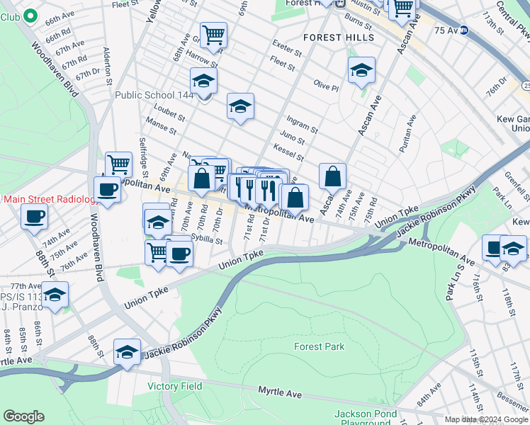 map of restaurants, bars, coffee shops, grocery stores, and more near 103-14 Metropolitan Avenue in Queens