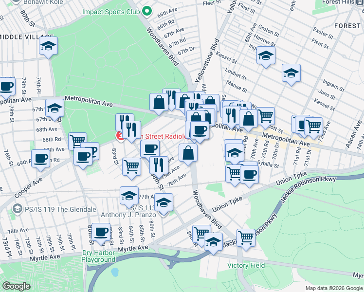 map of restaurants, bars, coffee shops, grocery stores, and more near 89-37 74th Avenue in Queens