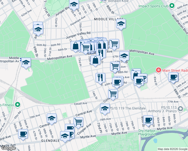 map of restaurants, bars, coffee shops, grocery stores, and more near 68-30 76th Street in Queens