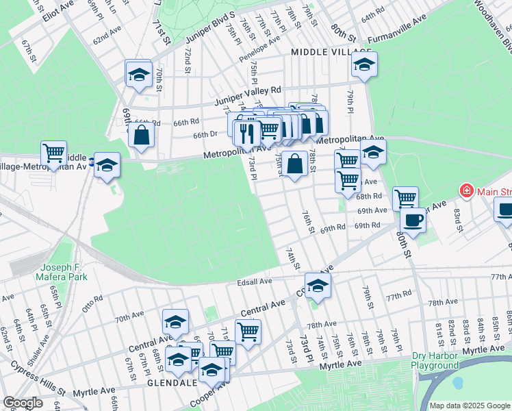 map of restaurants, bars, coffee shops, grocery stores, and more near 68-10 73rd Place in Queens
