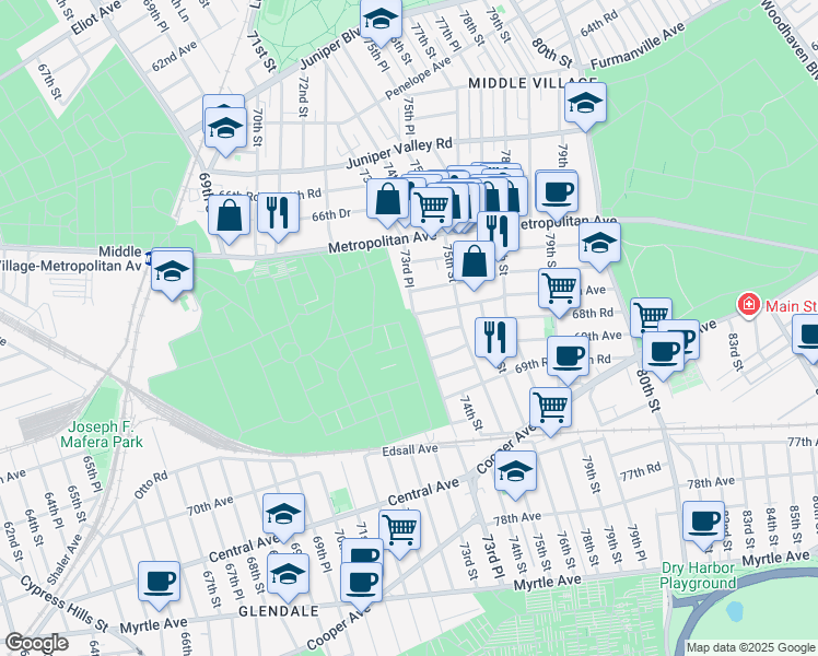map of restaurants, bars, coffee shops, grocery stores, and more near 68-10 73rd Place in Queens