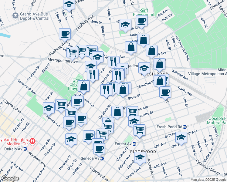 map of restaurants, bars, coffee shops, grocery stores, and more near in Queens