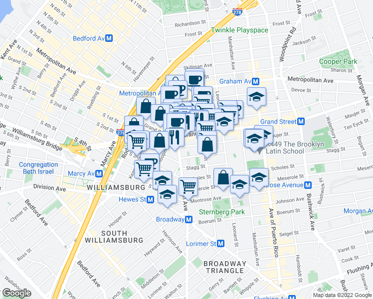 map of restaurants, bars, coffee shops, grocery stores, and more near 20 Maujer Street in Brooklyn