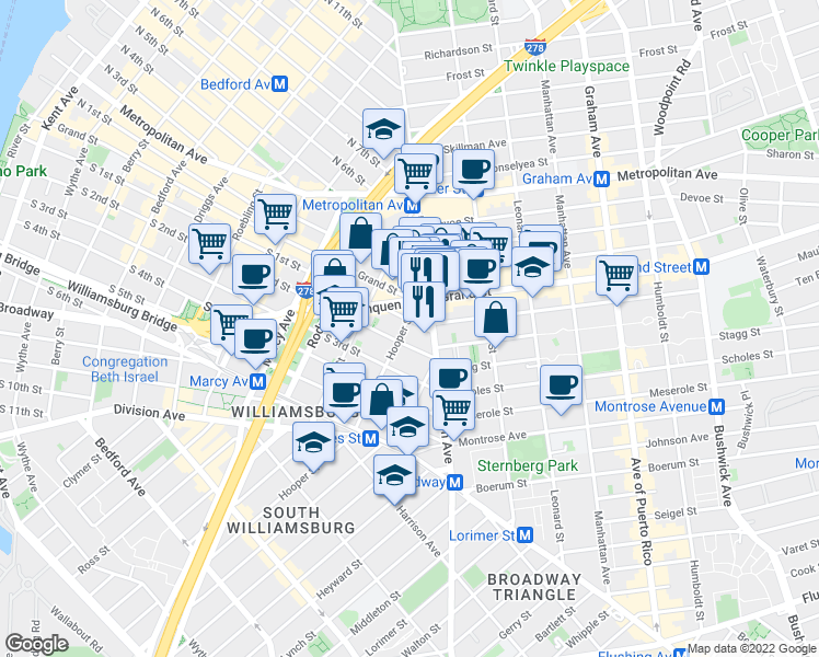map of restaurants, bars, coffee shops, grocery stores, and more near 392 South 1st Street in Brooklyn