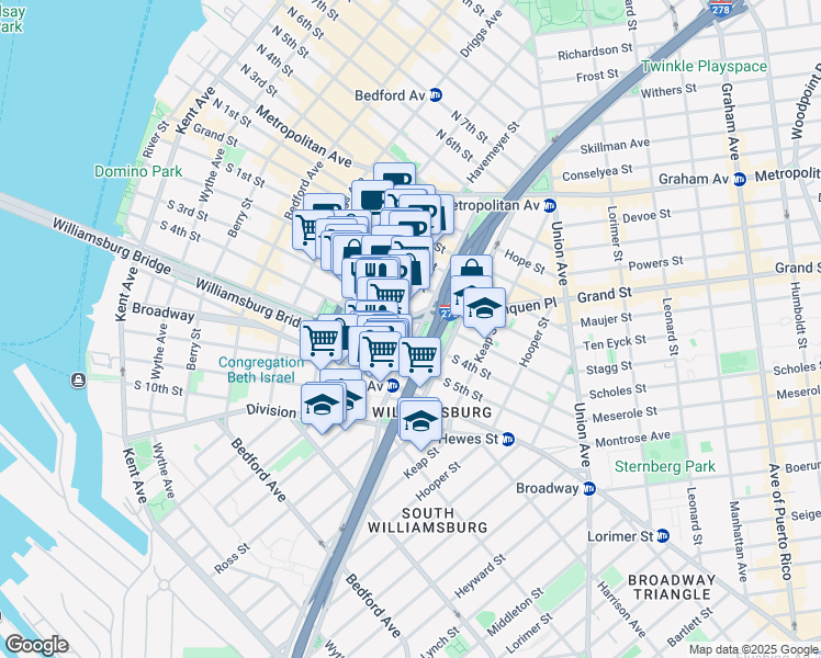 map of restaurants, bars, coffee shops, grocery stores, and more near 253 South 4th Street in Brooklyn