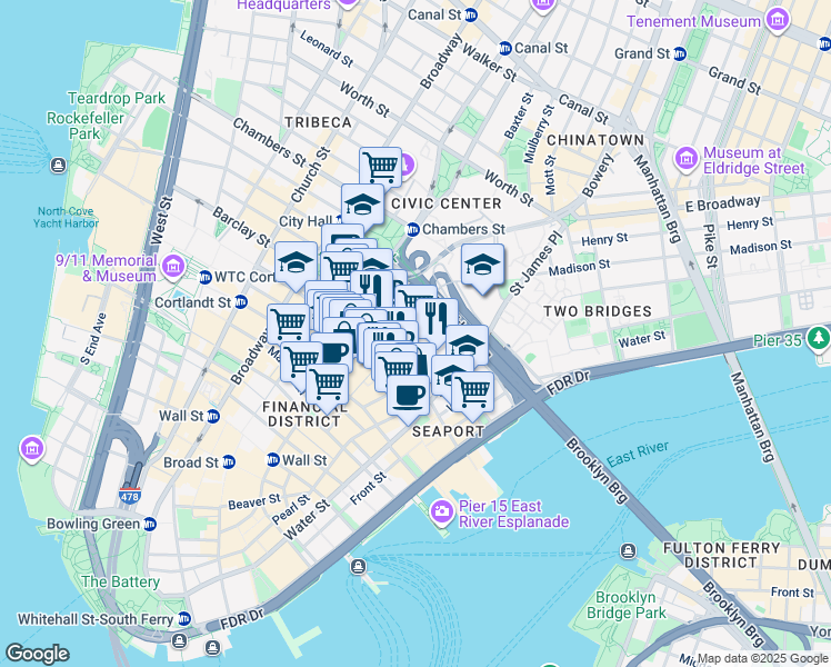 map of restaurants, bars, coffee shops, grocery stores, and more near 90 Gold Street in New York